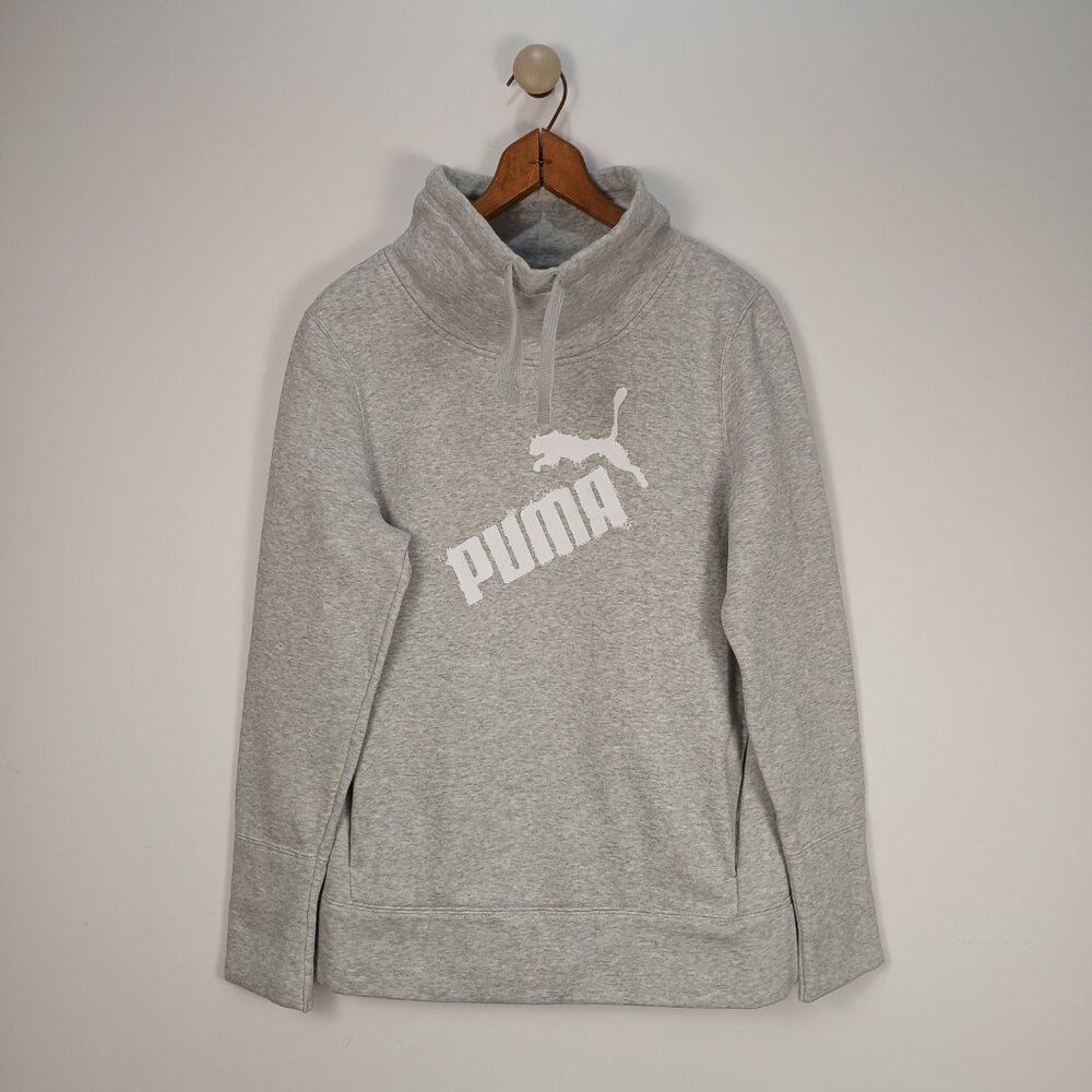 Puma Womens Gray Sweatshirt Medium Logo Crewneck Kangaroo Pocket Pullover